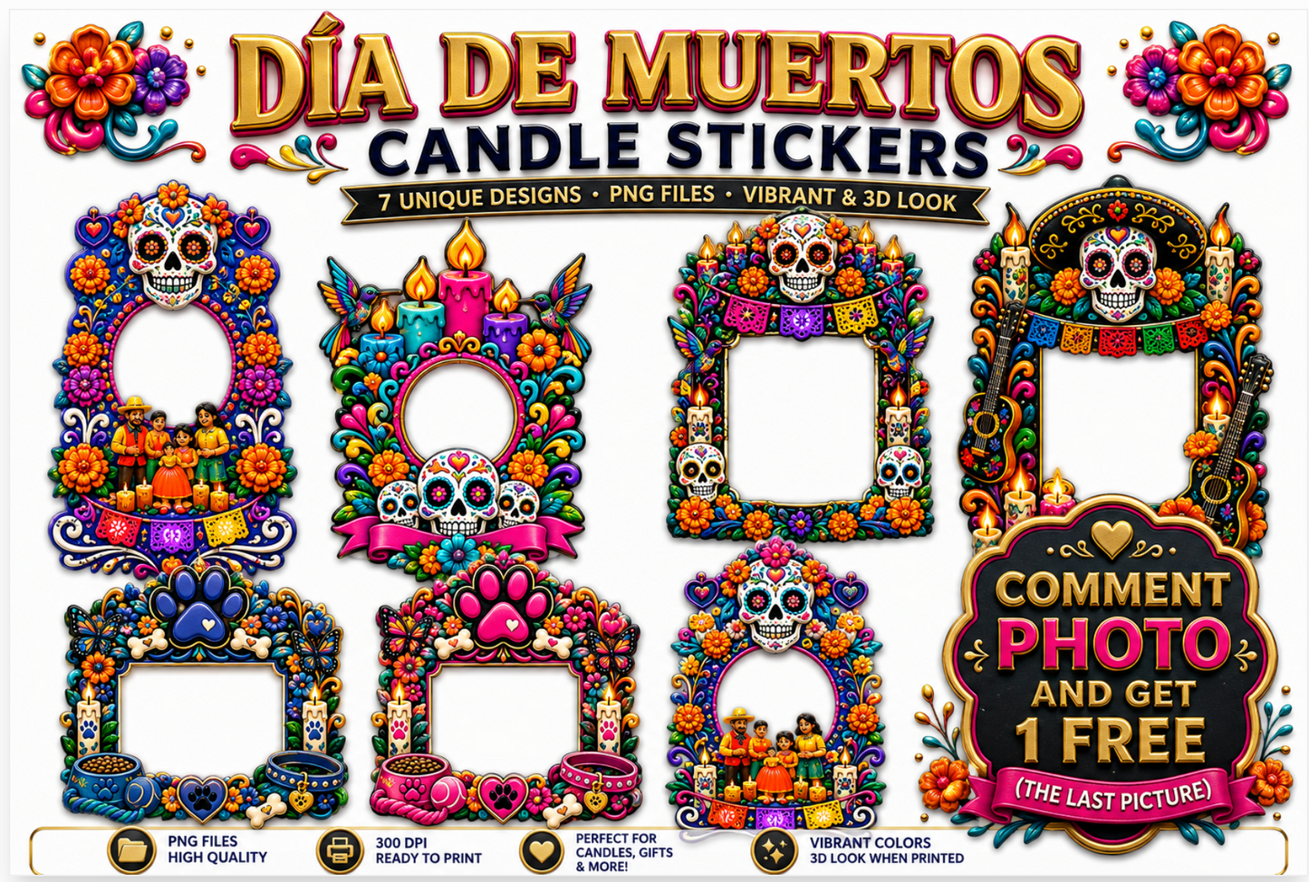 *7 Dia de muertos inspired PNG's 2026 edition. DIGITAL