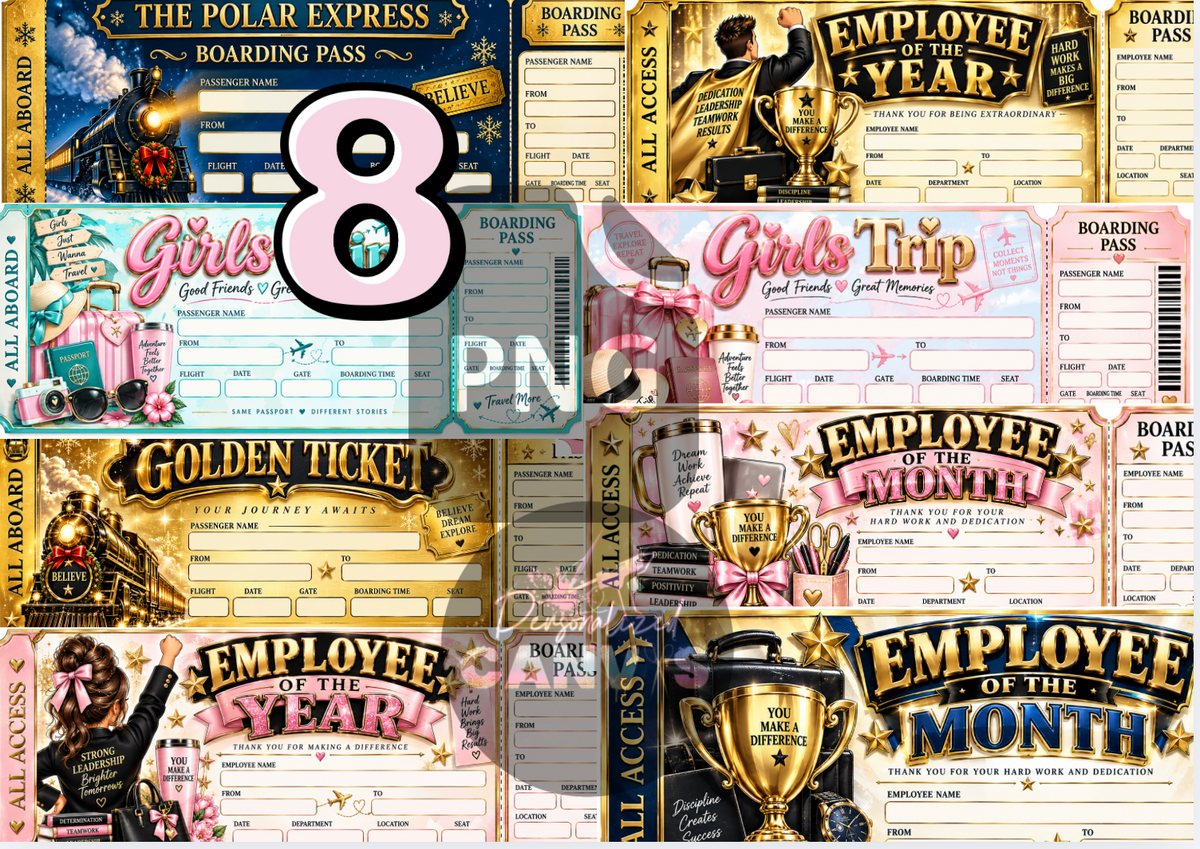 8 Tickets PNGs with Canva link or download